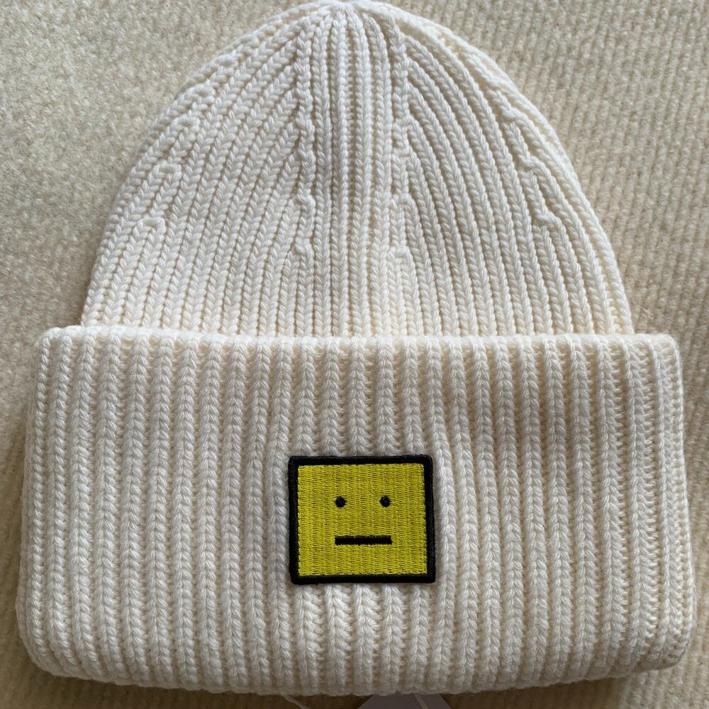 Acne Cream Knit Beanie with Yellow Face Patch